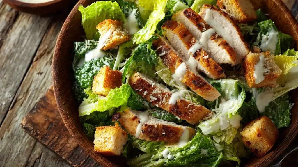 Caesar Salad angerichtet mit gegrilltem Hähnchen, Parmesan und hausgemachtem Dressing