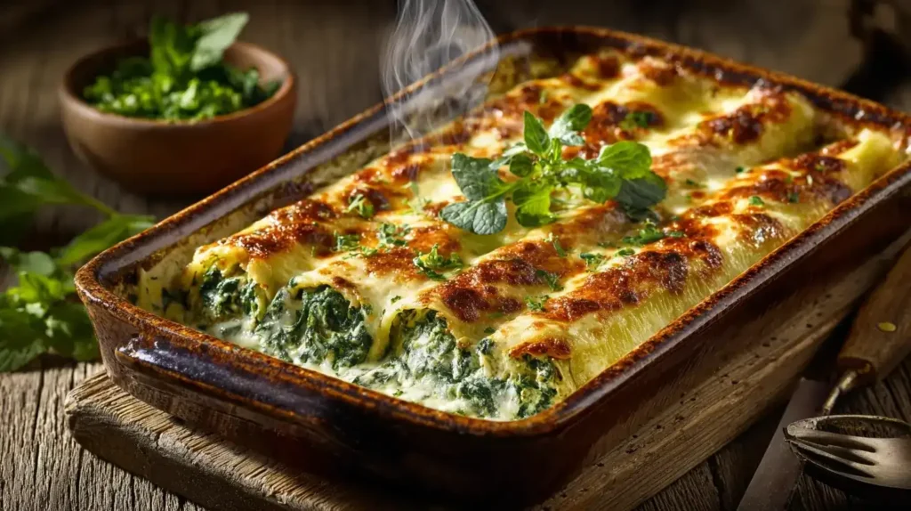 Cannelloni mit Spinat und Kräuterfrischkäse frisch gebacken, überbacken mit goldbraunem Käse in Auflaufform