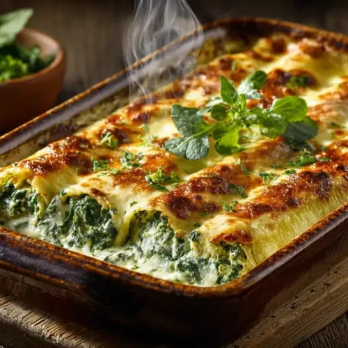 Cannelloni mit Spinat und Kräuterfrischkäse frisch gebacken, überbacken mit goldbraunem Käse in Auflaufform