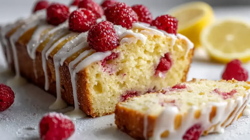 Himbeer-Zitronenkuchen Frisch gebackener Himbeer-Zitronenkuchen mit Zitronenguss und Himbeeren