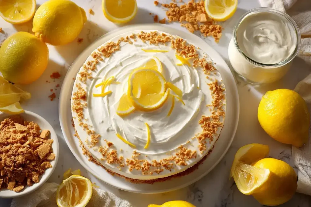 Frisch servierte Philadelphia-Torte mit Zitrone, cremige Textur, Sommer-Dessert für Familie