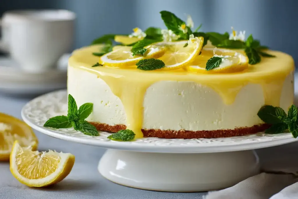 Cremige Philadelphia-Torte mit Zitrone auf Keksboden dekoriert mit Minze und Zitronenscheiben