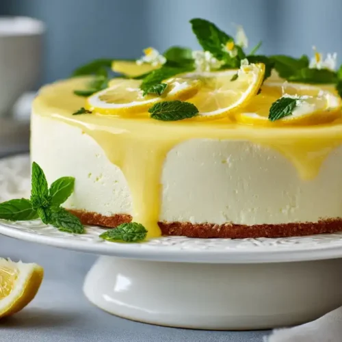 Cremige Philadelphia-Torte mit Zitrone auf Keksboden dekoriert mit Minze und Zitronenscheiben