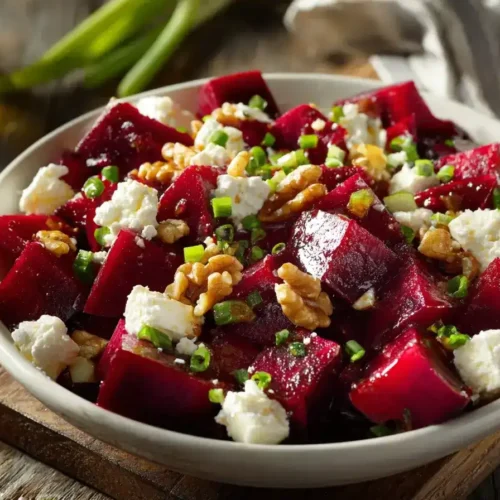 Rote-Bete-Salat mit Feta und Walnüssen serviert auf Teller mit frischem Dressing