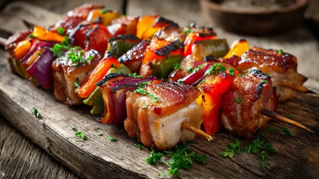 Gegrillte Schaschlikspieße mit Paprika, Zwiebeln und Bacon auf einem rustikalen Teller