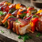 Gegrillte Schaschlikspieße mit Paprika, Zwiebeln und Bacon auf einem rustikalen Teller