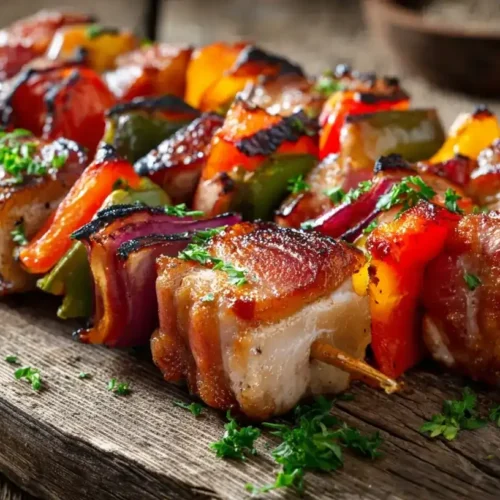 Gegrillte Schaschlikspieße mit Paprika, Zwiebeln und Bacon auf einem rustikalen Teller