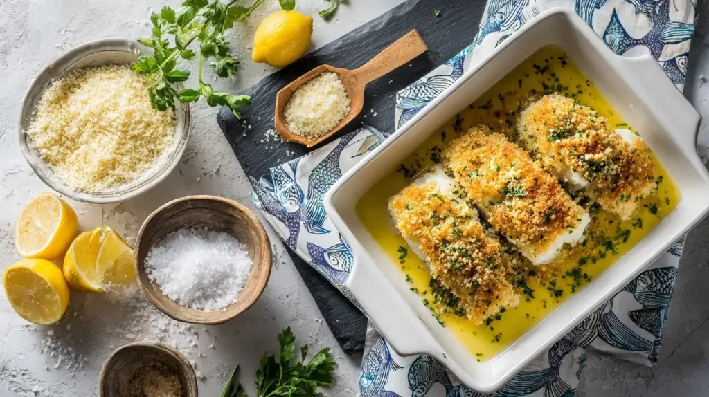 Schlemmerfilet à la Bordelaise serviert mit grünem Salat und Zitrone