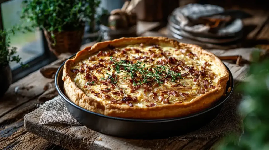 Schneller Zwiebelkuchen mit Pizzateig – Herzhaft, einfach & himmlisch lecker Schneller Zwiebelkuchen mit Pizzateig frisch gebacken auf einem Holztisch serviert