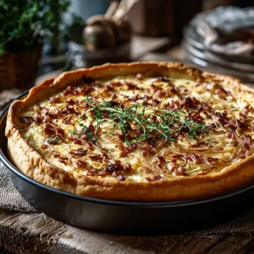 Schneller Zwiebelkuchen mit Pizzateig frisch gebacken auf einem Holztisch serviert