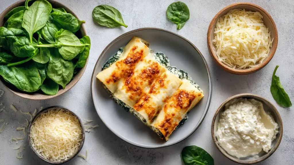 Cremiger Spinat-Cannelloni-Auflauf mit Tomatensauce und geschmolzenem Käse aus dem Ofen serviert.