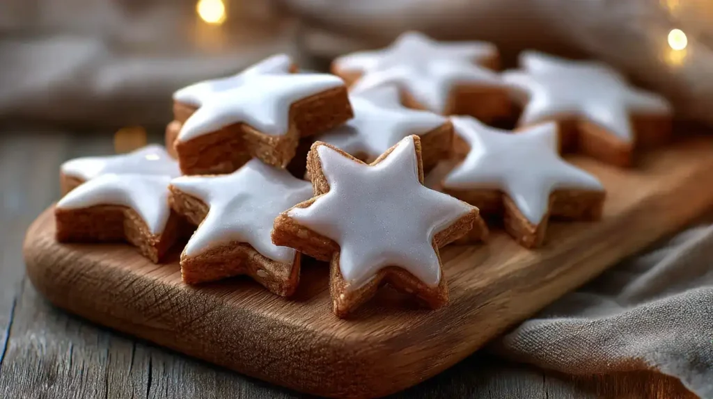 Zimtsterne Rezept mit weichen mandeligen Weihnachtsplätzchen auf Holz