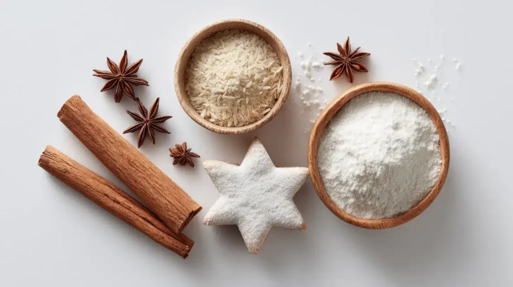 Zimtsterne Teig ausgerollt und ausgestochene Sterne für Weihnachtsgebäck