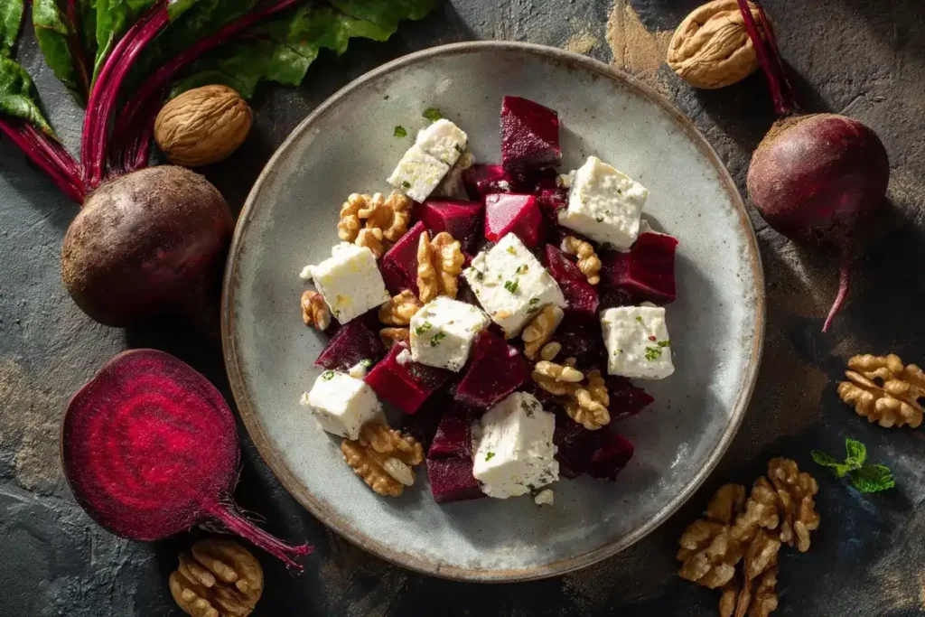 Zutaten für Rote-Bete-Salat mit Feta und Walnüssen – Rote Bete, Feta, Walnüsse, Frühlingszwiebeln und Dressing