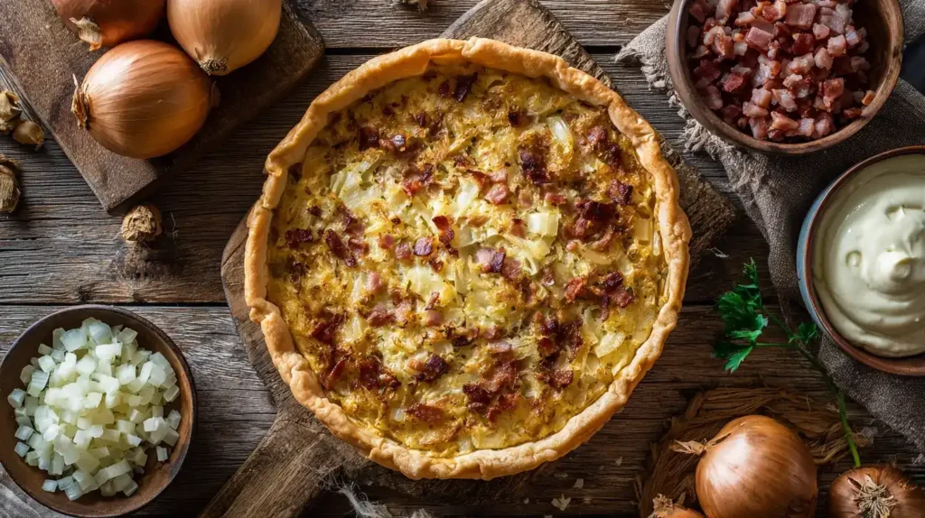 Zwiebelkuchen mit Speck und Schmand auf Pizzateig goldbraun aus dem Ofen