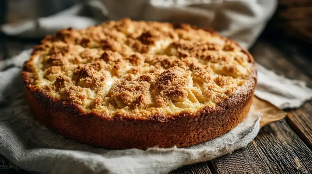 pfel-Quark-Kuchen mit goldbraunen Streuseln und Apfelstücken
