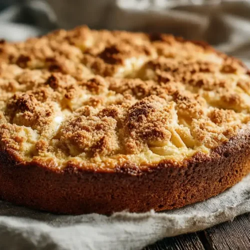 pfel-Quark-Kuchen mit goldbraunen Streuseln und Apfelstücken