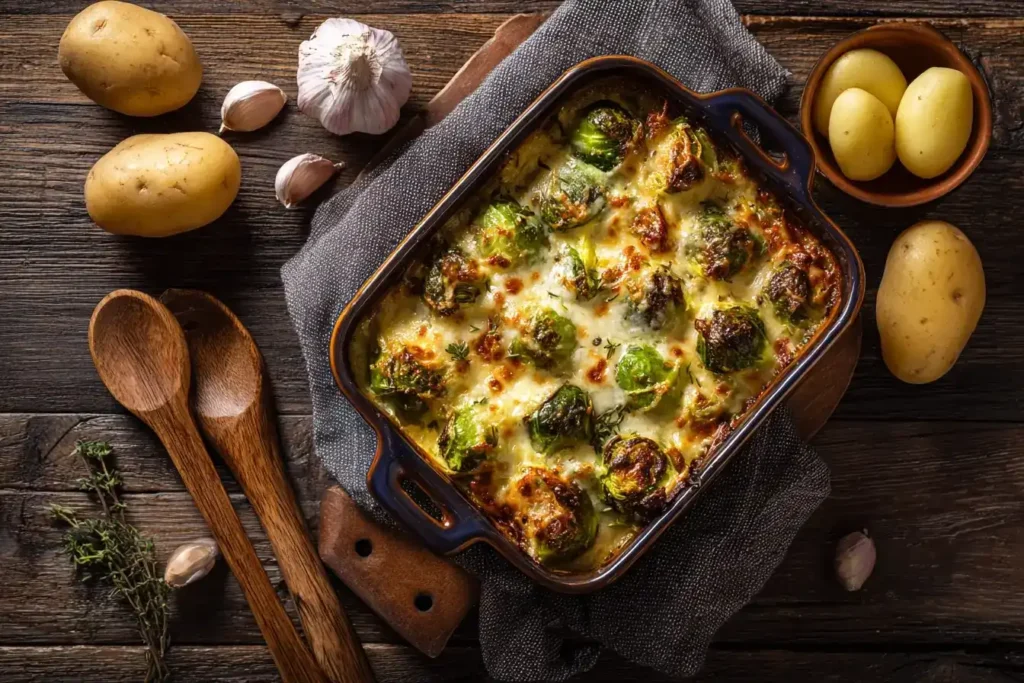 Cremiger Rosenkohlauflauf mit Kartoffeln und geschmolzenem Gouda, frisch aus dem Ofen