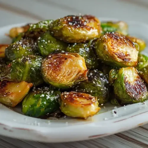 Knusprig gebratener Rosenkohl aus der Pfanne auf einem Teller, goldbraun und appetitlich