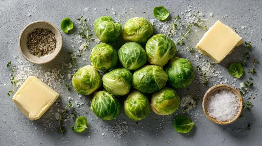 Frischer Rosenkohl, Butter und Gewürze als Zutaten für gebratenen Rosenkohl aus der Pfanne