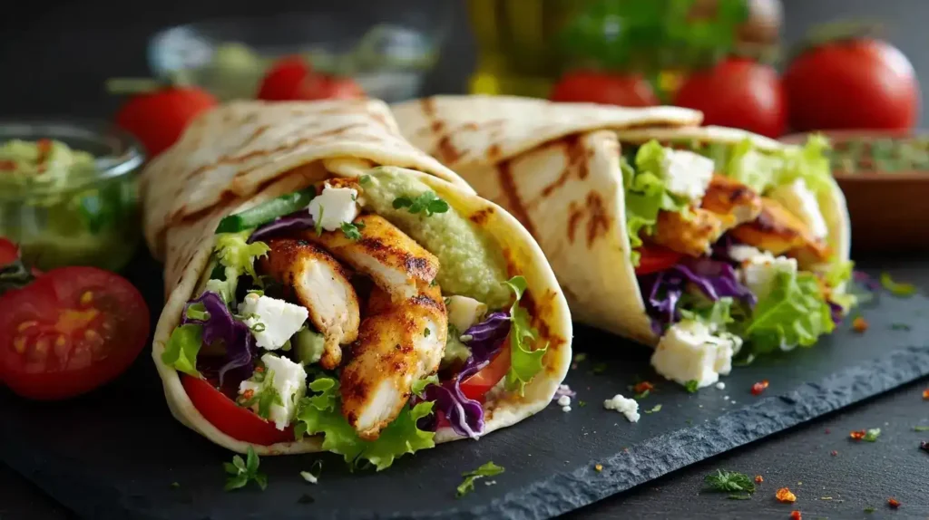 Gefüllte Hähnchen-Wraps mit Feta, Avocado und Gemüse