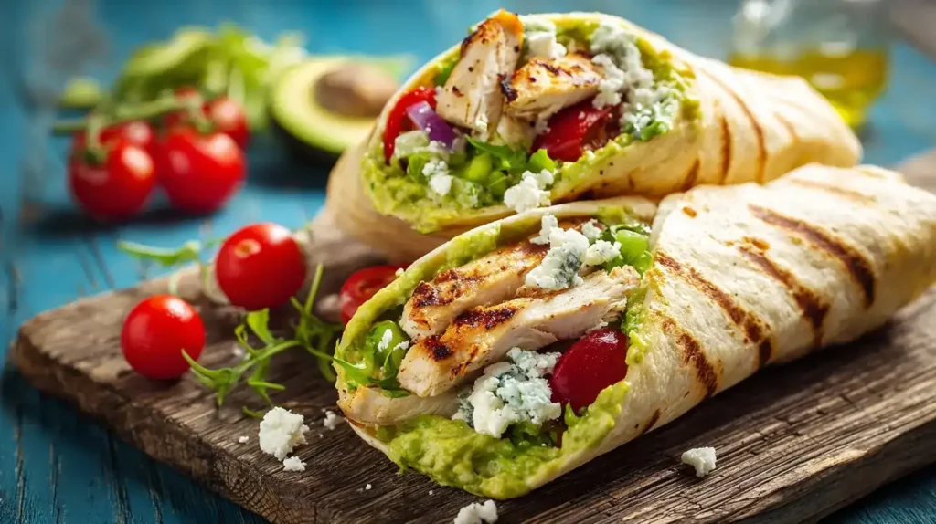 Hähnchen-Wraps mit Salat und Feta frisch serviert