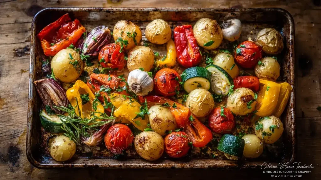Ofengemüse mit Kartoffeln vom Blech auf Backblech, buntes mediterranes Gemüse mit Kräutern und Olivenöl
