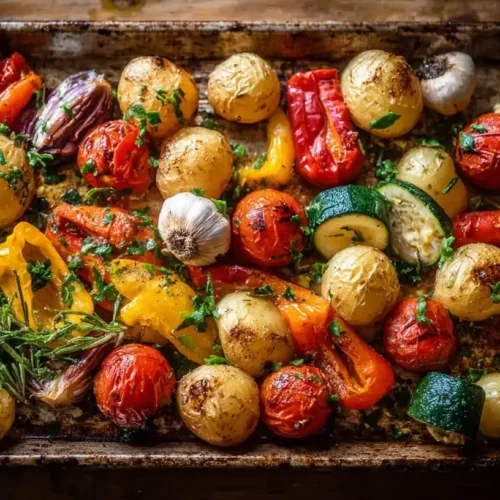 Ofengemüse mit Kartoffeln vom Blech auf Backblech, buntes mediterranes Gemüse mit Kräutern und Olivenöl