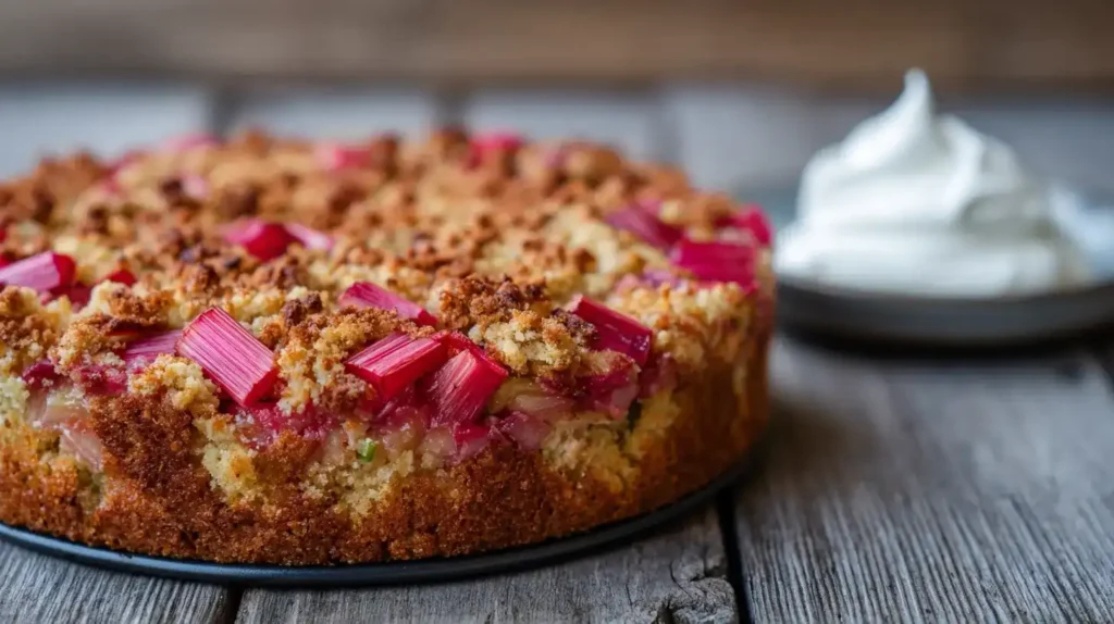 Frisch gebackener Rhabarberkuchen mit knusprigen Streuseln in Springform