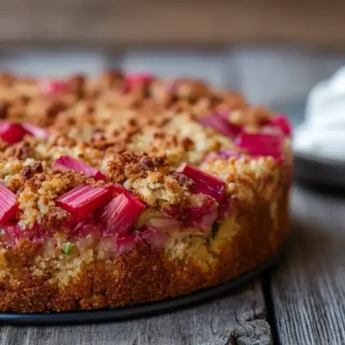 Frisch gebackener Rhabarberkuchen mit knusprigen Streuseln in Springform