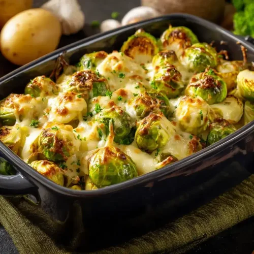 Rosenkohlauflauf mit Kartoffeln in Auflaufform, goldbraun überbacken, servierfertig auf rustikalem Holztisch