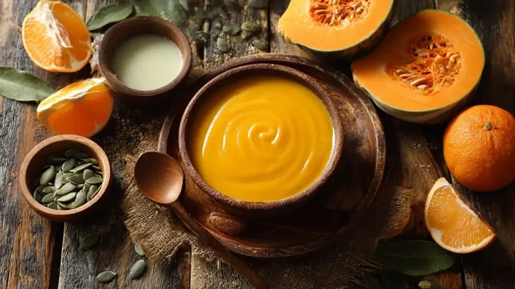 Zutaten für cremige Hokkaido-Kürbissuppe auf Holzbrett arrangiert