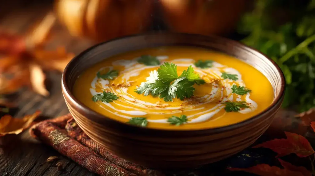 Cremige Kürbissuppe mit Hokkaido Cremige Hokkaido-Kürbissuppe in weißer Schüssel garniert mit Koriander