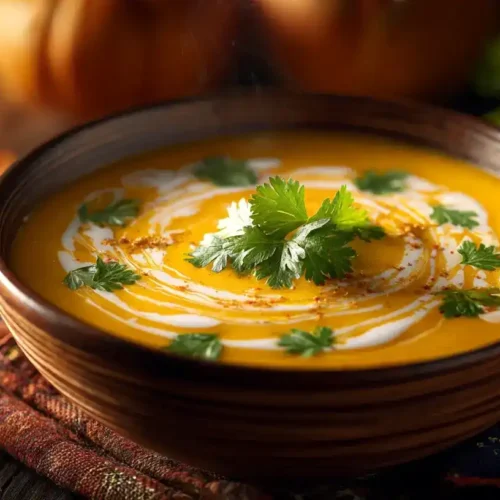 Cremige Hokkaido-Kürbissuppe in weißer Schüssel garniert mit Koriander