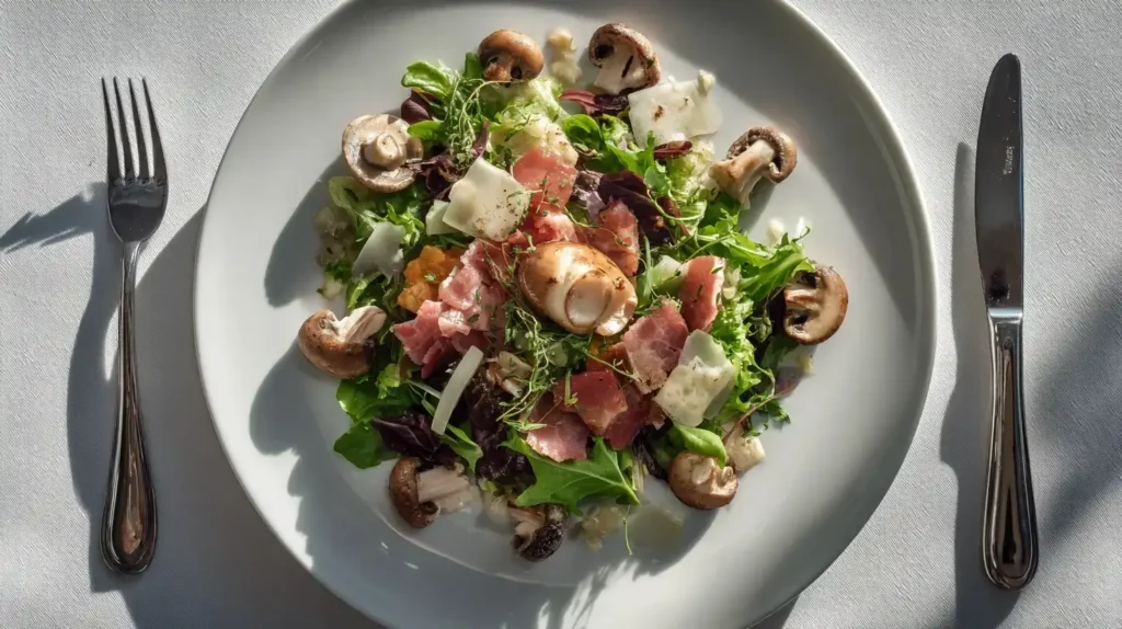 Feldsalat mit Speck und Champignons, Hauptzutaten Champignons, Speck und Schalotte dekorativ drumherum