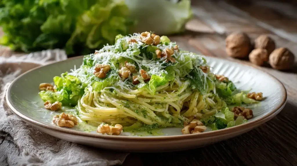 Feldsalat-Pesto mit Spaghetti auf einem Teller, garniert mit Parmesan und Walnüssen