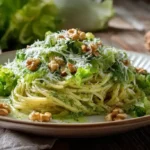 Feldsalat-Pesto mit Spaghetti auf einem Teller, garniert mit Parmesan und Walnüssen