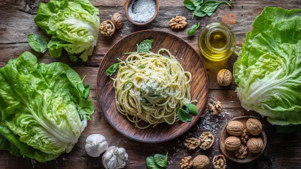 Zutaten für Feldsalat-Pesto – frischer Feldsalat, Walnüsse, Knoblauch und Olivenöl auf Holzuntergrund