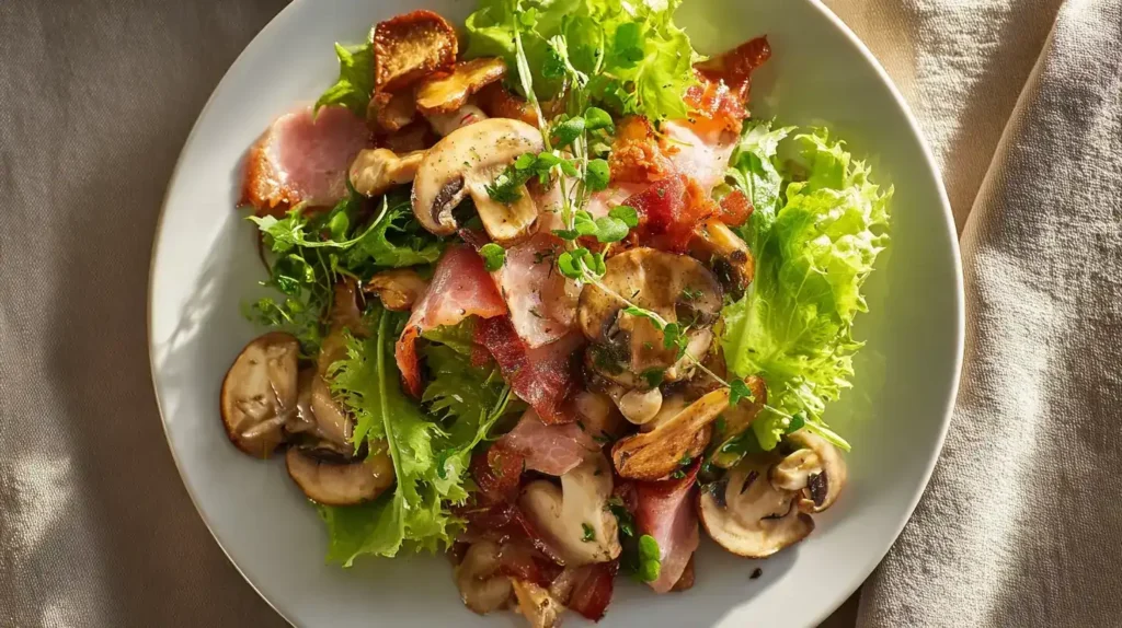 Feldsalat mit Speck und Champignons frisch angerichtet auf Teller