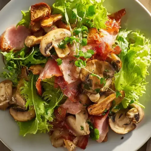 Feldsalat mit Speck und Champignons frisch angerichtet auf Teller
