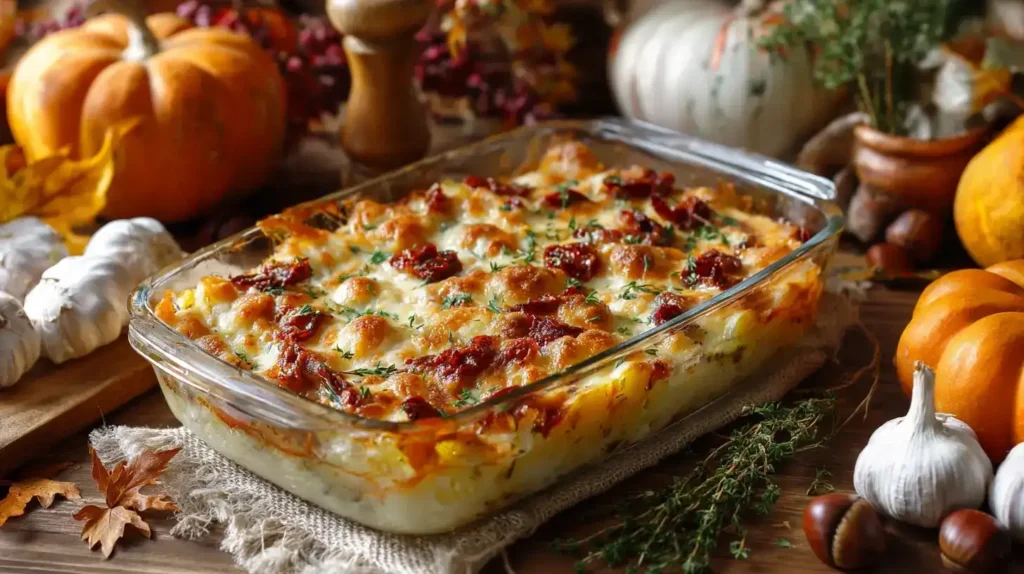 Kürbisauflauf mit Kartoffeln – Herbstlicher Genuss aus dem Ofen Cremiger Kürbisauflauf mit Kartoffeln, goldbraun überbacken im Ofen serviert