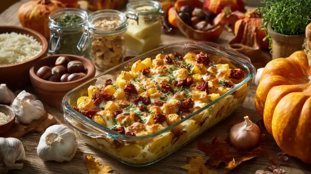 Frische Zutaten für Kürbisauflauf mit Kartoffeln – Hokkaido, Käse, Sahne und Kräuter auf Holztisch