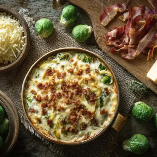 Cremiges Rosenkohl-Gratin mit Speck, Käse und Haselnüssen, goldbraun überbacken in einer Auflaufform.