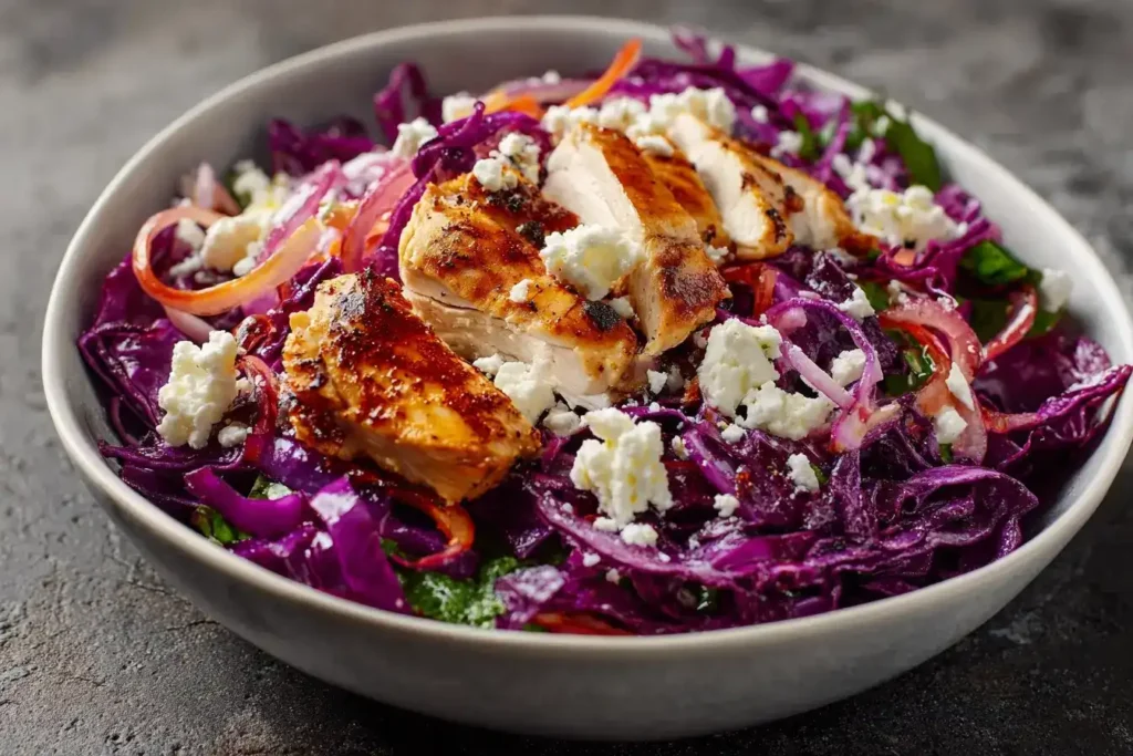 Rotkohl-Salat mit gebratenem Hähnchen und Feta Frischer Rotkohl-Salat mit gebratenem Hähnchen und Feta, angerichtet auf weißem Teller