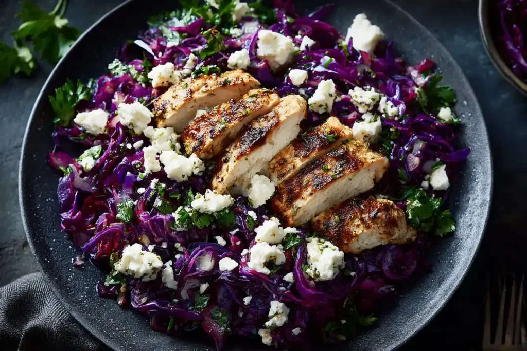 Rotkohl-Salat mit Hähnchen und Feta mit einzelnen Zutaten wie Rotkohl, Hähnchen und Feta rundherum