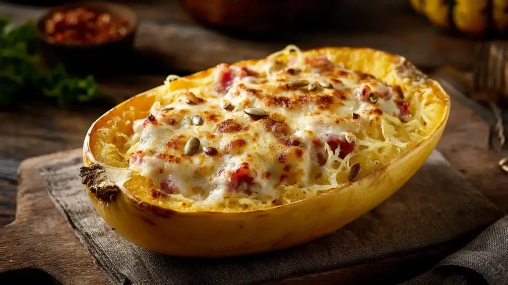 Spaghettikürbis mit Schinken und Käse, goldener überbackener Käse, Sonnenblumenkerne, herbstliches Ofengericht