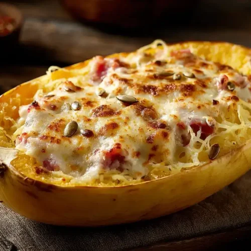 Spaghettikürbis mit Schinken und Käse, goldener überbackener Käse, Sonnenblumenkerne, herbstliches Ofengericht