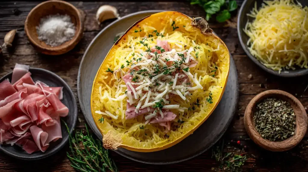 Spaghettikürbis mit Käse und Schinken in der Mitte, drei Zutaten drumherum, detailreiche Food-Fotografie
