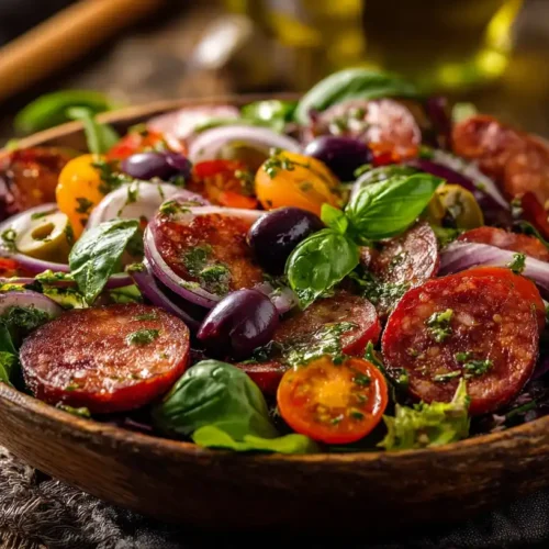 Servierter Spanischer Salat mit Chorizo, Tomaten, Oliven und lauwarmem Dressing