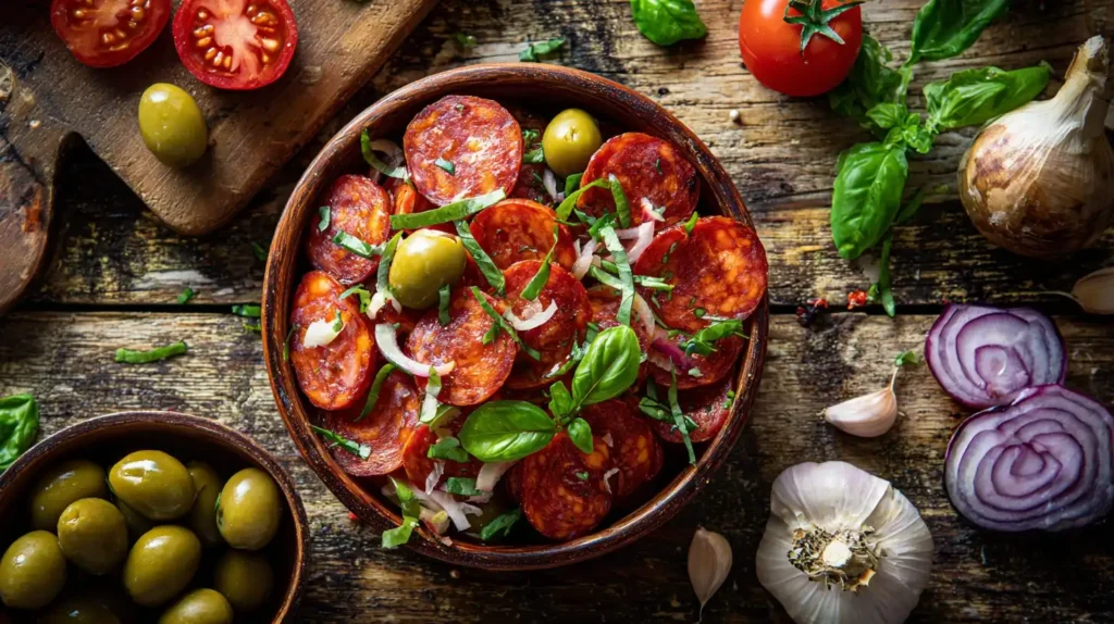 Spanischer Salat mit Chorizo und frischen Zutaten, Tomaten, Oliven, Basilikum, Chorizo